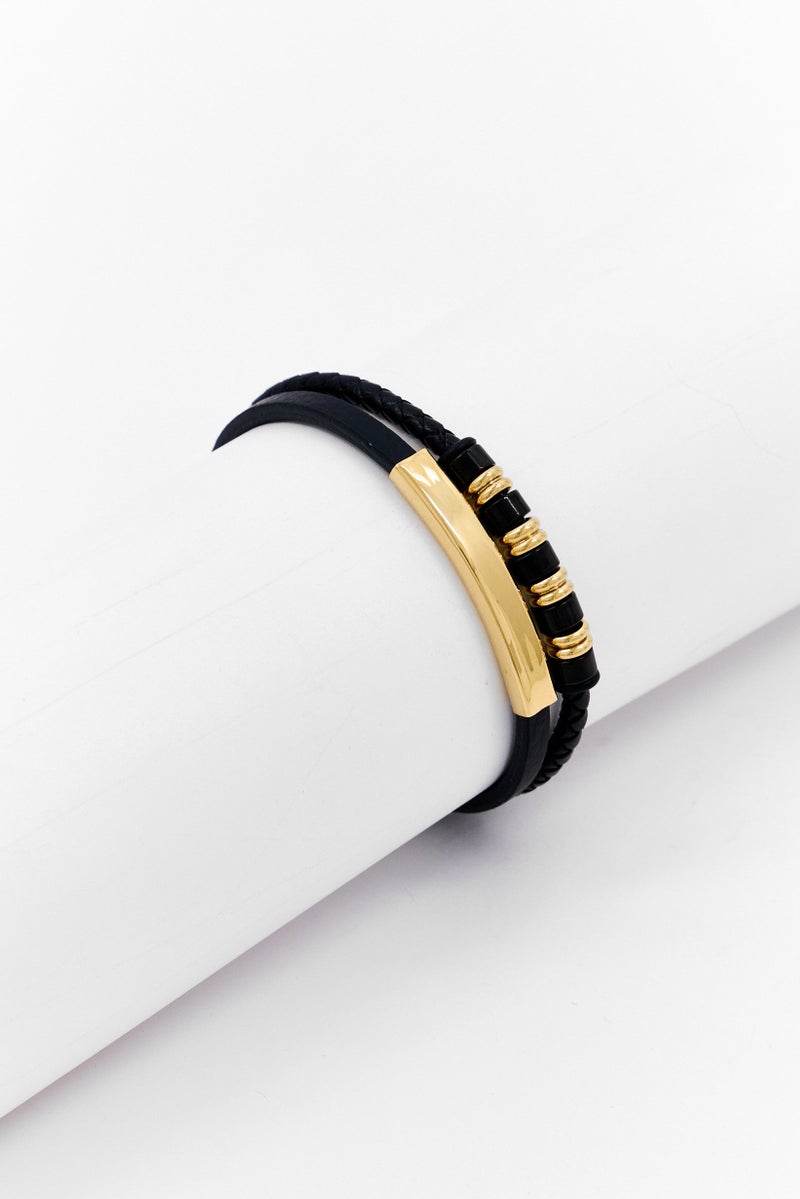 Steeltime Men Braided Leather And Plated Stainless Steel Beads Id Bracelet, Black - Image 1